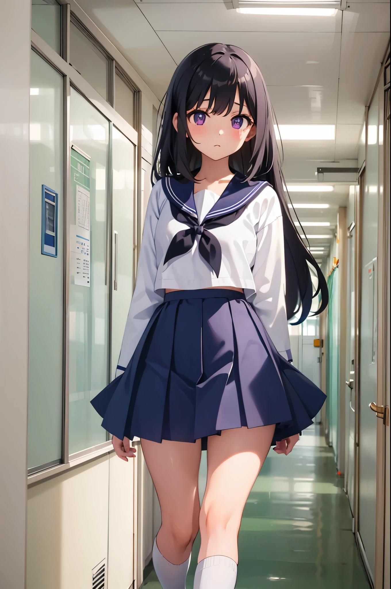 school hallway 8-year-old flat chest blhair g hair The eyes are purple ((1 person)) Upper height sleeve sailor suit Lower body navy blue miniskirt white panties((white pantiesが見える)) white socks sports boots Standing in the hallway dynamic angle Low angle from the front