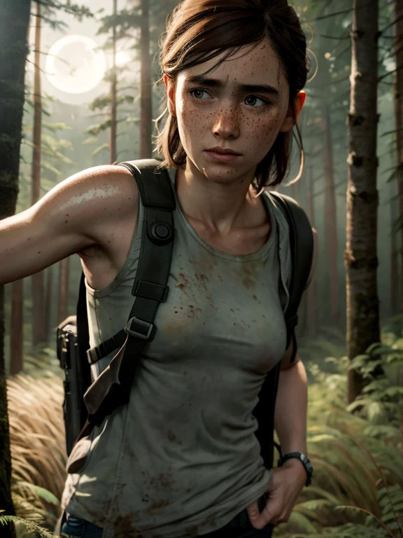 Masterpiece, (Ellie, tlou2), half body shot, sneaking through high grass, slium body, very small breasts, white skin with freckles, forest, ((at night, moonlight)),ultra-detailed, (high detailed skin:1.2), 8k uhd, dslr, soft lighting, high quality, full body shot, 16K, ultra high res.photorealistic, UHD, RAW, DSLR, natural Lighting, Sharp Focus