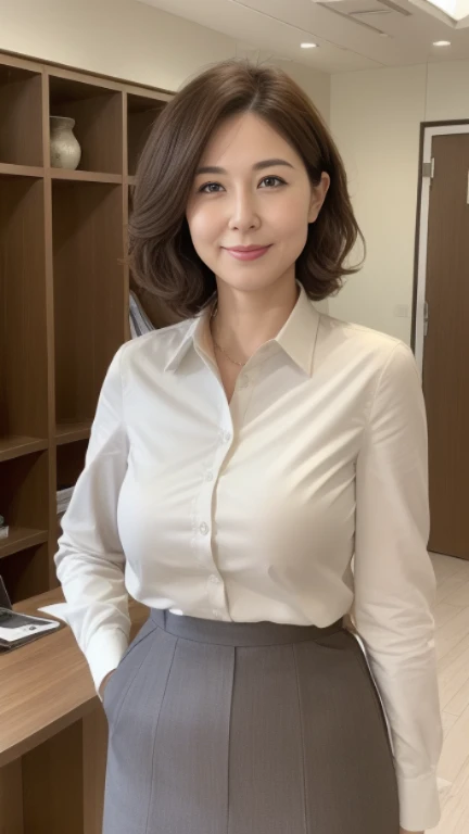 ((highest quality, 8K, masterpiece, portrait: 1.3)), (looking at the viewer), (full shot:0.85), attractive business mature woman, 1 person, a little chubby:0.6,brown medium hair、 white collared shirt, gray tight skirt,((big breasts 2.3)) (big pelvis:0.9), ((Are standing)), smile:0.2, conference room、,good posture、office、bright interior、The sun is shining、