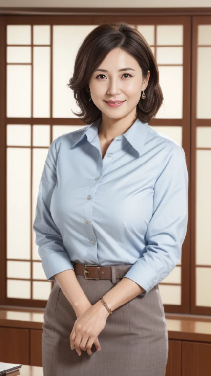 ((highest quality, 8K, masterpiece, portrait: 1.3)), (looking at the viewer), (full shot:0.85), attractive business mature woman, 1 person, a little chubby:0.６,brown medium hair、 white collared shirt, gray tight skirt,((big breasts 2.3)) (big pelvis:0.9), ((Are standing)), smile:0.2, conference room、,good posture、office、bright interior、The sun is shining、


