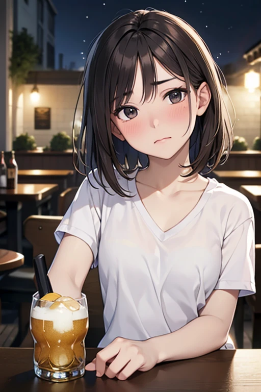 nose blush:1.1,eyes half-closed,Masterpiece, High resolution, High-definition CG Unity 8K,Beautiful and detailed face, detailed hair texture, beautiful face,(1 girl),(black eyes),small breasts, (very short messy brown hair), at night:1.2,break,(head tilt:1.4),(anguish:1.2),(at the pub table), (having alcohol),(POV),(white V-neck T-shirt),shorts,