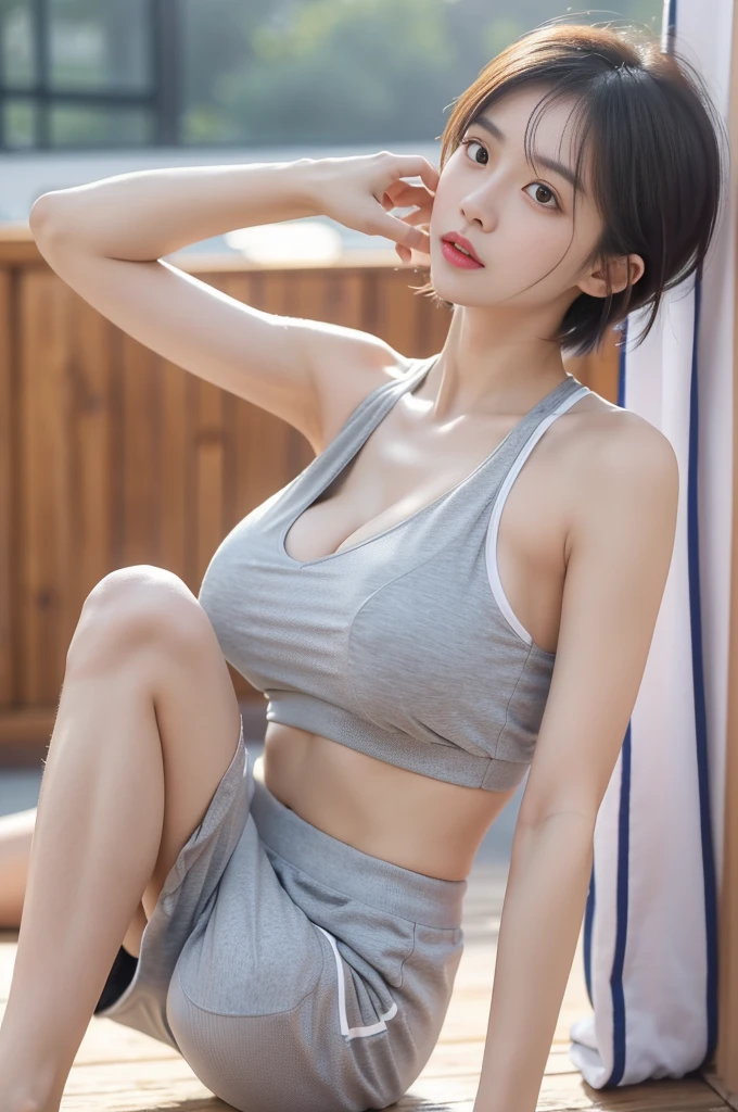 Best quality, 4k, 8k, full body photo of girl, wearing jogging shoes on feet, sports shorts on lower body, sports bra on upper body, running, sweating all over, sweat on face, sweat on body, Korean makeup, shoulder length straight short hair, Extremely huge breasts