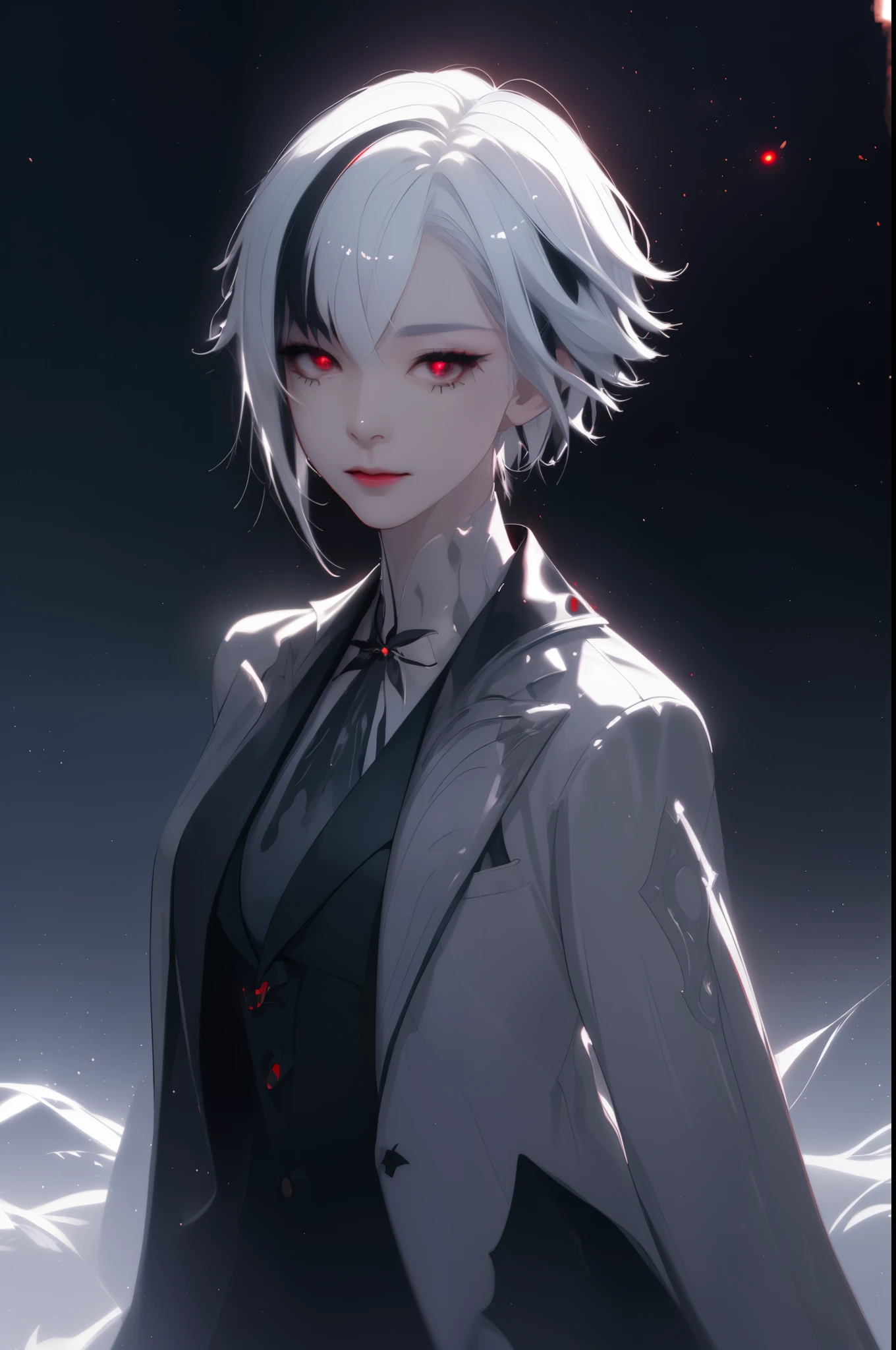 (Masterpiece:1.2), best quality, (night sky, short white hair:1.2),(illustration:1.2), beautiful scenery, scared,(Masterfully crafted Glow, lens flare), (ultra-detailed), hyper details, (delicate detailed), (intricate details), (cinematic light, best quality), clear line, new world, viewer, solo female, solo female, perfect body, (1 woman), (Dynamic:1.3), ((makeup)), high contrast, (best illumination, an extremely delicate and beautiful), ((cinematic moonlight)), colourful, ((Photoshop Pastel Painting:1.1)), ethereal, (Cinematic masterpiece),suspense, splashes of colour, absolutely eye-catching, ((caustic)), dynamic angle ,beautiful (detailed glow), (eerie),(Intricate Detailed Cinematic Scenery Behind:1.2),ambient occlusion, ray-traced reflections, intricately detailed visible background , Terrifying, (bioluminescent vegetation:1.2), light grey hair with black streaks, black and red eyes, white and grey blazer long sleeves, black pants, high collar, formal suit, white hair with black streaks, black gloves