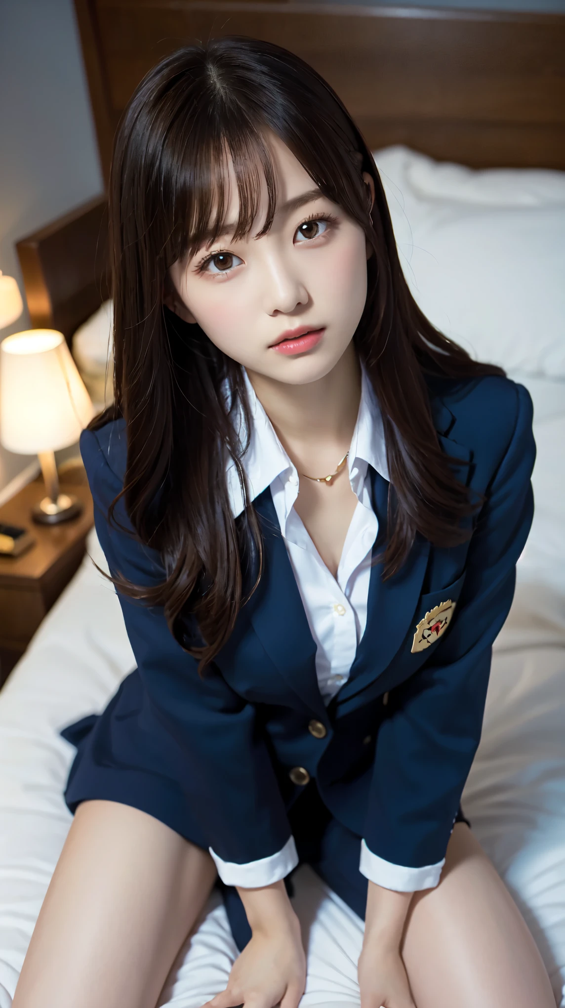 Graduation Ceremony、high school girl、uniform 、navy blue blazer、Bedroom、lie on the bed、raise your legs, open your legs, perfect proportions、cute、((18 year old female:1.2))、young adorable japanese face，official art，Highly detailed CG Unity 8K wallpaper，（masterpiece:1.0),(highest quality:1.0), 超A high resolution,4k,Super detailed, photo shoot, 8K, nffsw, High resolution, kodak portrait 400, film grain, lens flare glow,高いest quality,8K,nffsw:1.2),portrait shot,8K, view from above