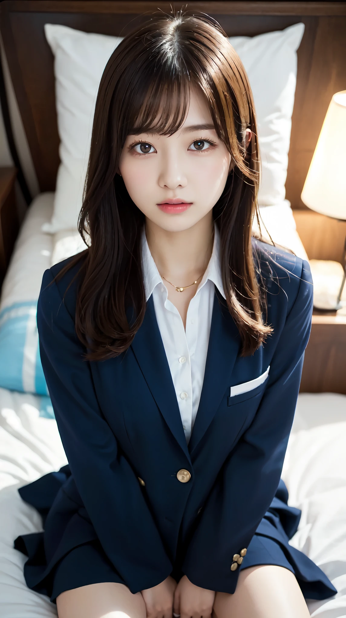 Graduation Ceremony、high school girl、uniform 、navy blue blazer、Bedroom、lie on the bed、raise your legs, open your legs, perfect proportions、cute、((18 year old female:1.ung adorable japanese face,official art,Highly detailed CG Unity 8K wallpaper,(masterpiece:1.0),(highest quality:1.0), 超A high resolution,4k,Super detailed, photo shoot, 8K, nffsw, High resolution, kodak portrait 400, film grain, lens flare glow,高いest quality,8K,nffsw:1.2),portrait shot,8K, view from above