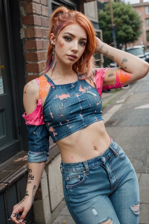 Pink & Orange Hair, Paint splattered top. fishnet sleeves, Jeans, Facial Piercings, ripped jeans, Cool Shape Shave, Multiple Ear Piercings,