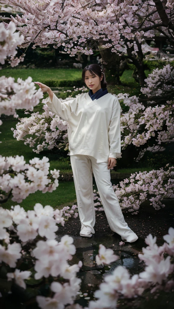 ((best quality)), ((masterpiece)), (detailed), perfect face,"Create a portrait of a woman in the serene garden of a Japanese home, surrounded by cherry blossom trees, with a level of detail and realism akin to a genuine photograph. Capture the vividness of the scene, the woman's essence, and the intricate beauty of the sakura trees in the background."