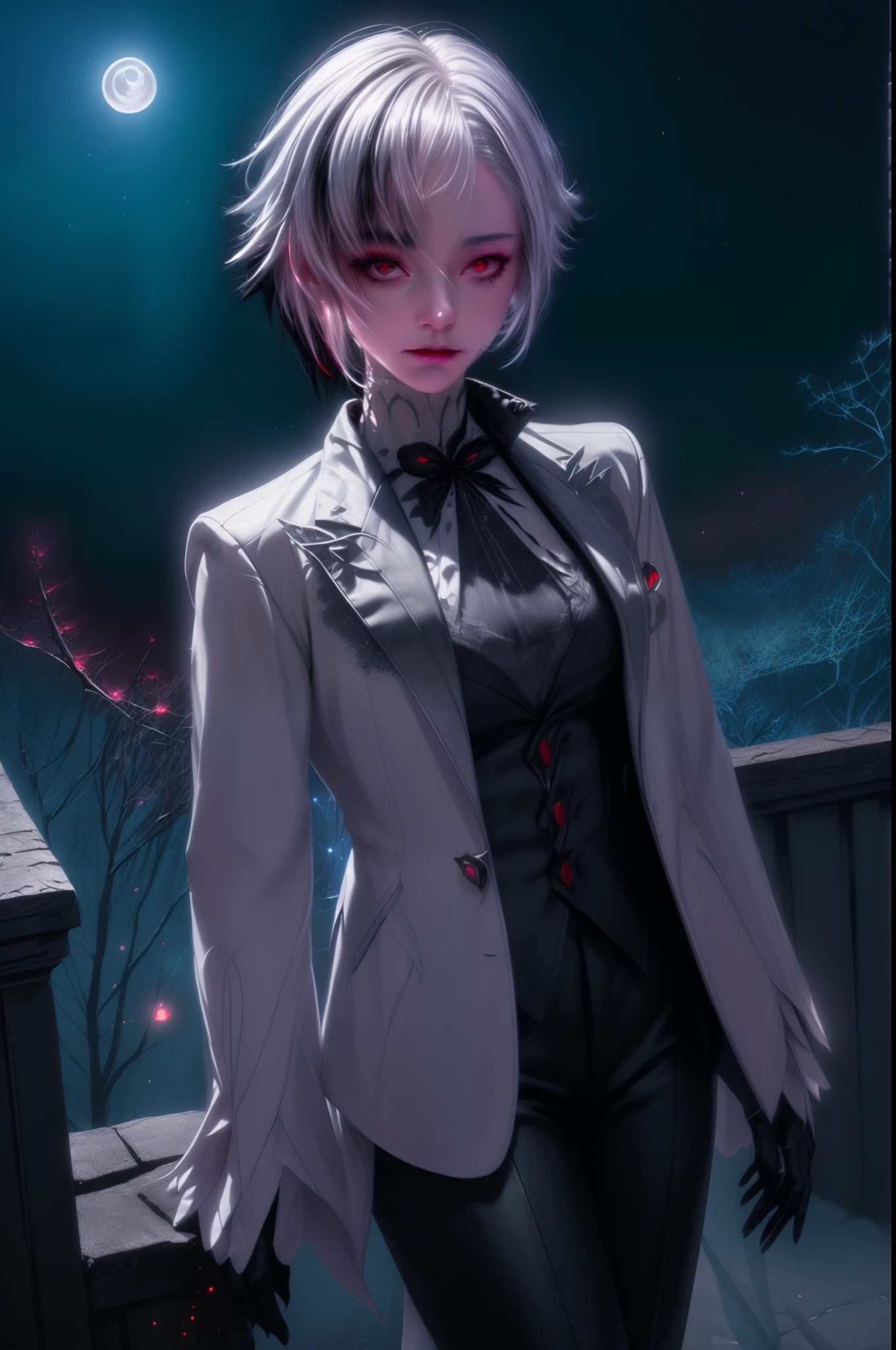 (Masterpiece:1.2), best quality, (night sky, short white hair:1.2),(illustration:1.2), beautiful scenery, scared,(Masterfully crafted Glow, lens flare), (ultra-detailed), hyper details, (delicate detailed), (intricate details), (cinematic light, best quality), clear line, new world, viewer, solo female, solo female, perfect body, (1 woman), (Dynamic:1.3), ((makeup)), high contrast, (best illumination, an extremely delicate and beautiful), ((cinematic moonlight)), colourful, ((Photoshop Pastel Painting:1.1)), ethereal, (Cinematic masterpiece),suspense, splashes of colour, absolutely eye-catching, ((caustic)), dynamic angle ,beautiful (detailed glow), (eerie),(Intricate Detailed Cinematic Scenery Behind:1.2),ambient occlusion, ray-traced reflections, intricately detailed visible background , Terrifying, (bioluminescent vegetation:1.2), light grey hair with black streaks, black and red eyes, white and grey blazer long sleeves, black pants, high collar, formal suit, white hair with black streaks, black gloves