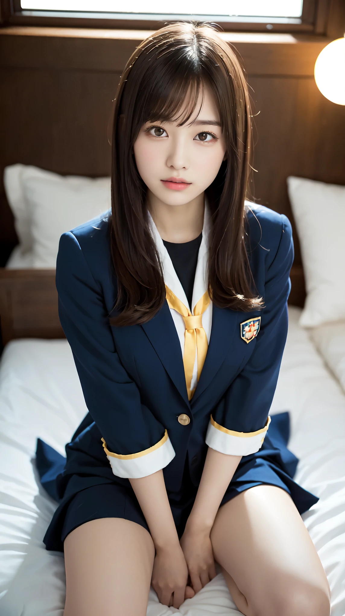 Graduation Ceremony、high school girl、uniform 、navy blue blazer、Bedroom、lie on the bed、raise your legs, open your legs, perfect proportions、cute、((18 year old female:1.2))、young adorable japanese face，official art，Highly detailed CG Unity 8K wallpaper，（masterpiece:1.0),(highest quality:1.0), 超A high resolution,4k,Super detailed, photo shoot, 8K, nffsw, High resolution, kodak portrait 400, film grain, lens flare glow,Angle from above