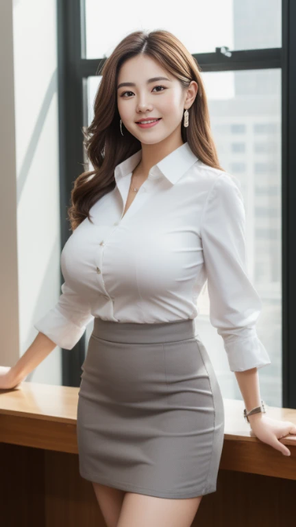 ((highest quality, 8K, masterpiece, portrait: 1.3)), (looking at the viewer), (full shot:0.85), attractive business mature woman, 1 person, a little chubby:0.6,brown medium hair、 white collared shirt, gray tight skirt,((big breasts 2.3)) (big pelvis:0.9), ((Are standing)), smile:0.2, conference room、,good posture、office、bright interior、The sun is shining、