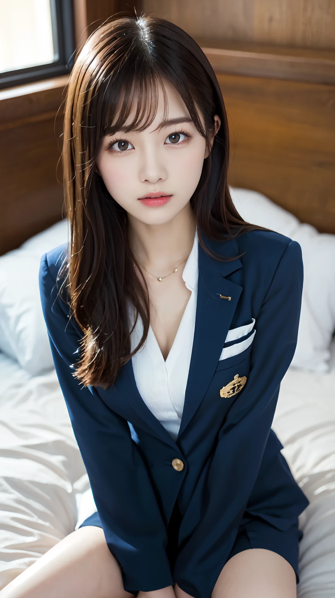 Graduation Ceremony、high school girl、uniform 、navy blue blazer、Bedroom、lie on the bed、raise your legs, open your legs, perfect proportions、cute、((18 year old female:1.2))、young adorable japanese face,official art,Highly detailed CG Unity 8K wallpaper,(masterpiece:1.0),(highest quality:1.0), 超A high resolution,4k,Super detailed, photo shoot, 8K, nffsw, High resolution, kodak portrait 400, film grain, lens flare glow,高いest quality,8K,nffsw:1.2),portrait shot,8K, view from above