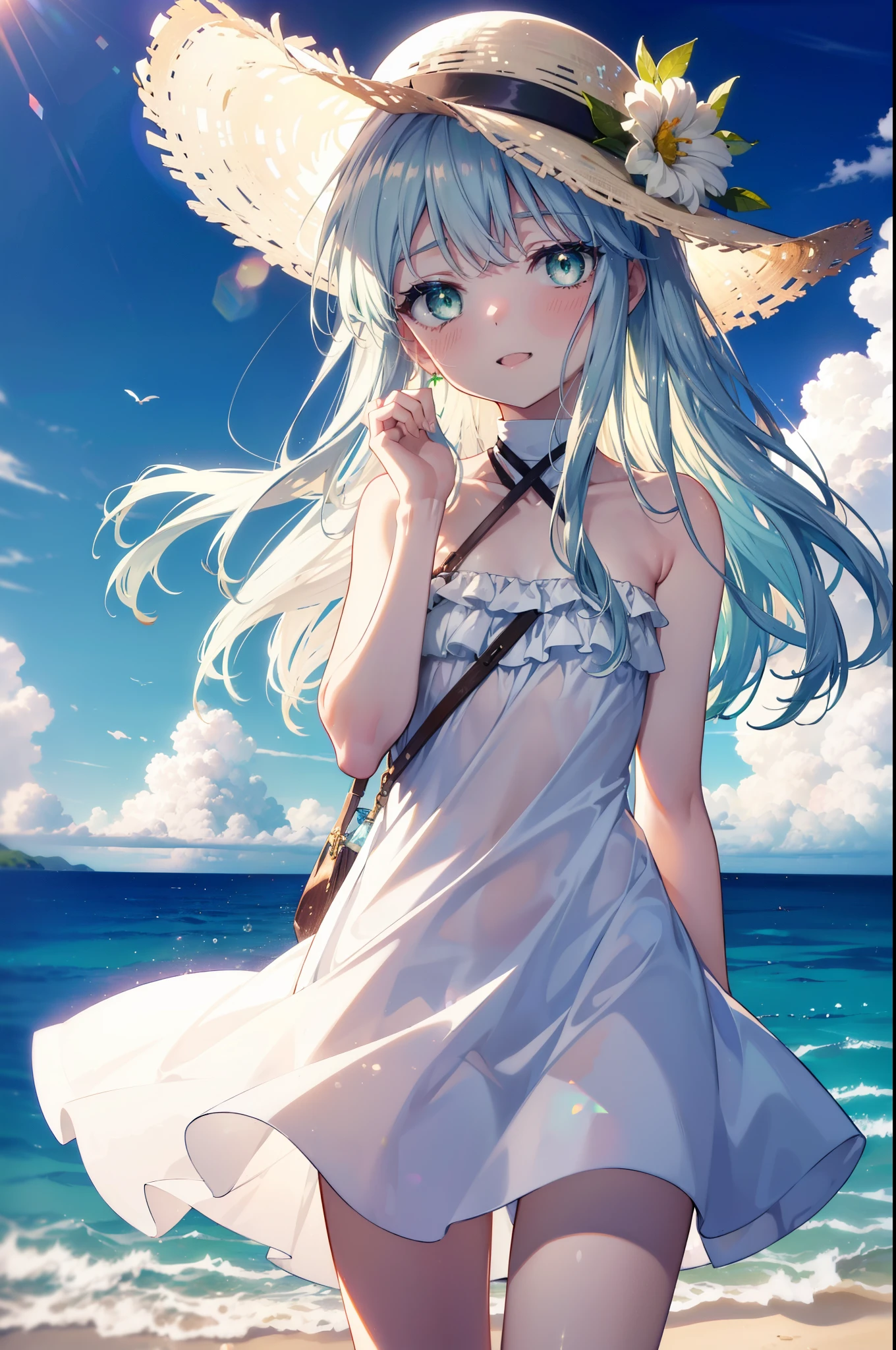 index, index, (green eyes:1.5), silver hair, long hair, (flat chest:1.2),White straw hat,白色ロングskirt一体型ワンピース,barefoot,skirt,naked neck,bare clavicle,bare shoulders,bare arms,happy smile, smile, open your mouth,beachのsandy beachを散歩しながら、Silver hair fluttering in the breeze, sunset,evening,The sun is setting,
break looking at viewer, Upper body, whole body,(cowboy shot:1. 5)
break indoors, beach,sandy beach,
break (masterpiece:1.2), highest quality, High resolution, unity 8k wallpaper, (figure:0.8), (detailed and beautiful eyes:1.6), highly detailed face, perfect lighting, Very detailed CG, (perfect hands, perfect anatomy),