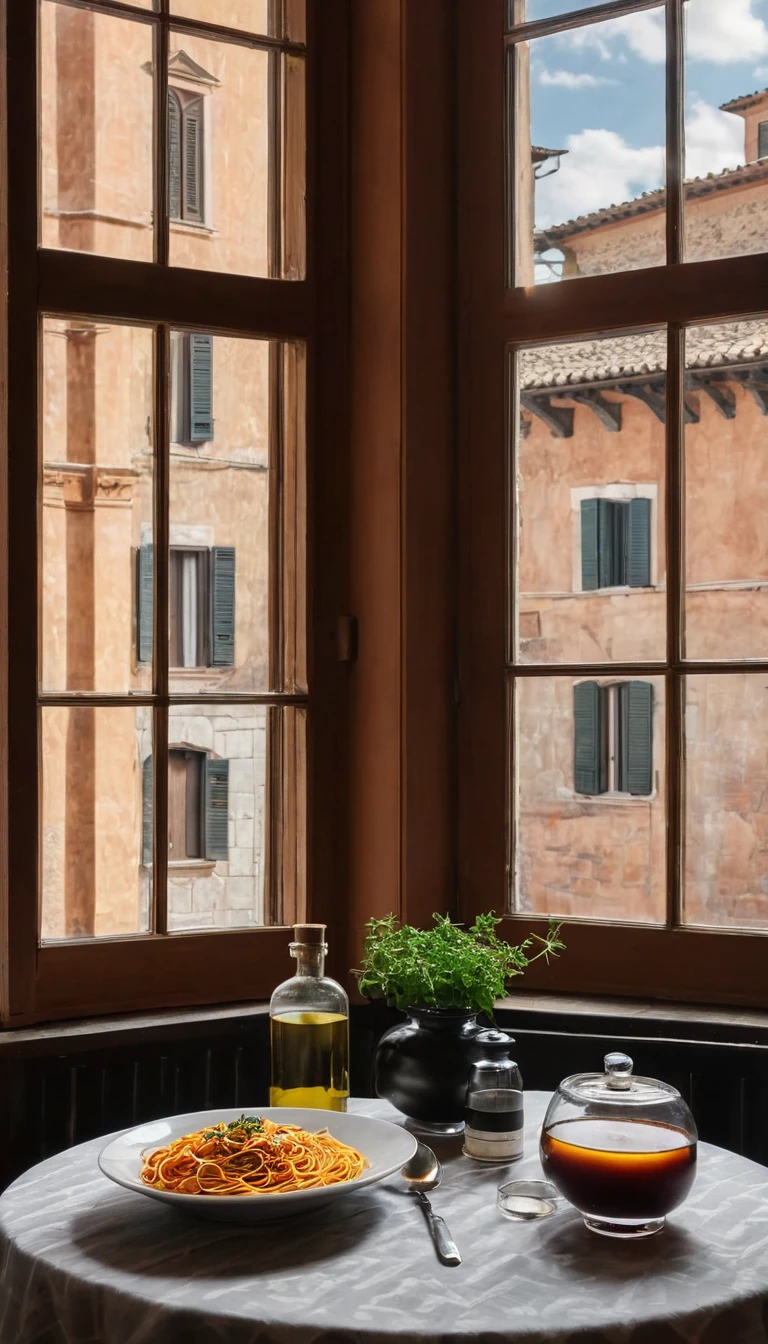 Warm colors,light background,front view desktop,Tablecloth droops 20CM,Rice tablecloth,Steak on the table、spaghetti、salad、condiment bottles,knife and fork、thyme spice、Basil powder,wine、黑胡椒condiment bottles等食物,sunlight through window,The desktop has mottled light and shadow,牛排和spaghetti上有香料粉,The black pepper bottle is in the middle of the picture,The wall behind the desk is gray and white,Gray and white arched windows,There are white curtains on one side of the window,Inside the window is the architectural landscape of Siena,There is sky,4K high realism,High resolution