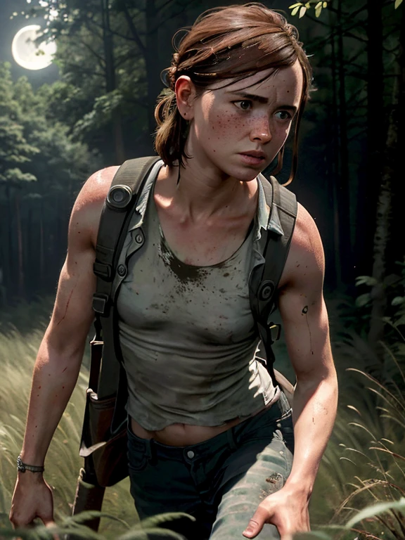 Masterpiece, (Ellie, tlou2:1.2), half body shot, sneaking through high grass, slim body, very small breasts, white skin with freckles, forest, (at night, moonlight:1.1), ultra-detailed, (high detailed skin:1.2), soft lighting, high quality, 16K, ultra high res.photorealistic, UHD, RAW, DSLR, natural Lighting, Sharp Focus