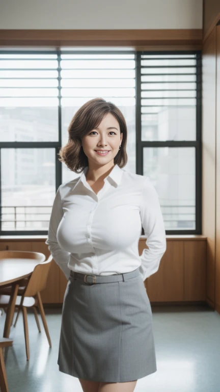 ((highest quality, 8k, masterpiece, Portraiture: 1.3)), (View your viewers), (close:0.85), Attractive business mature woman, ((Five adult women lined up)), Slightly thicker:0.25, White collared shirt, Grey Skirt, (Big breasts and big hips:1.3), A gentle smile、A gaze that seduces viewers、 An empty office,