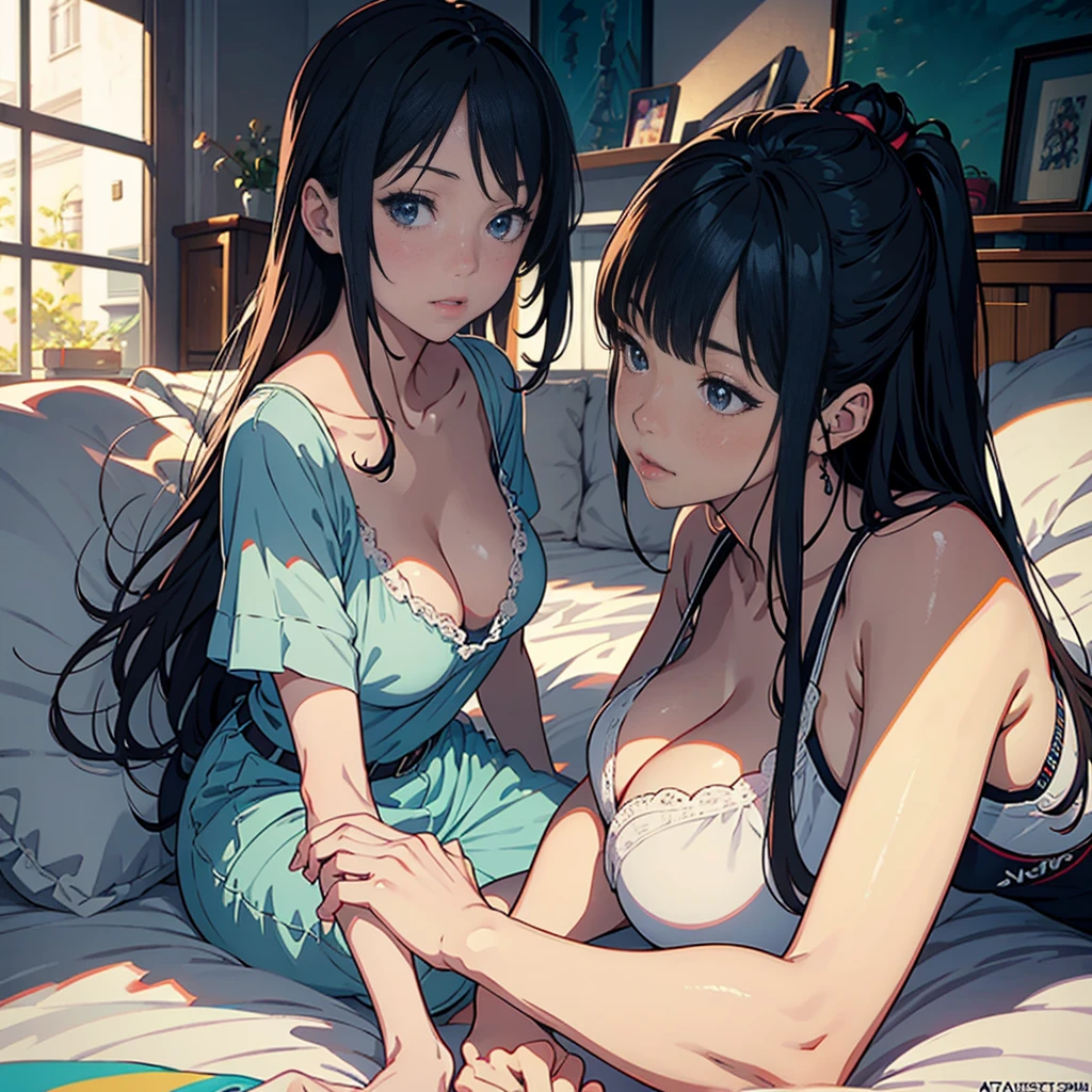 Anime-style illustration of two women lying in bed, top rated on pixiv, trending on cgstation, everyone, trending on artstation pixiv, at pixiv, popular on pixiv, pixiv 3dcg, trending on pixiv, detailed digital anime art, clean detailed anime art, pixiv