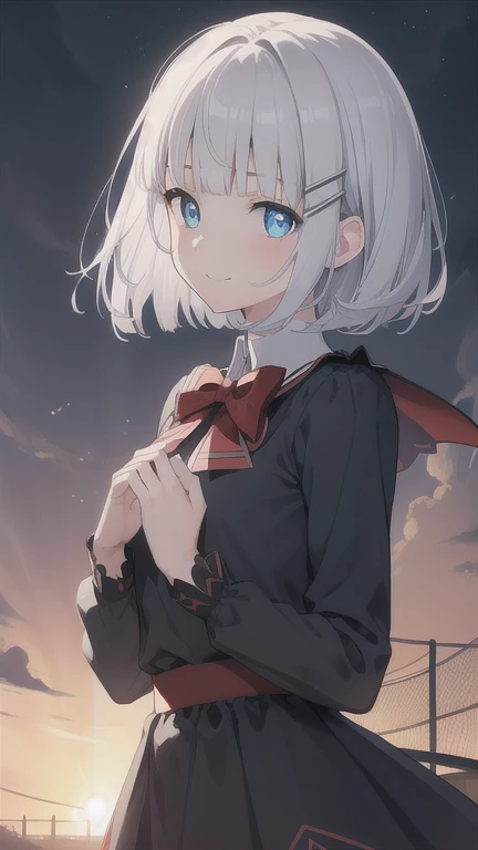 detectiveSiesta, smile, short hair, bangs, blue eyes, shirt, hair ornaments, long sleeve, dress, bow, gray hair, hair clip, blunt bangs, bowtie, red bow, x hair ornaments, red bowtie, Siesta, (Medium chest:1.2), break looking at viewer, break outside, break (masterpiece:1.2), highest quality, High resolution, unity 8k wallpaper, (figure:0.8), (detailed and beautiful eyes:1.6), highly detailed face, perfect lighting, Very detailed CG, (perfect hands, perfect anatomy),