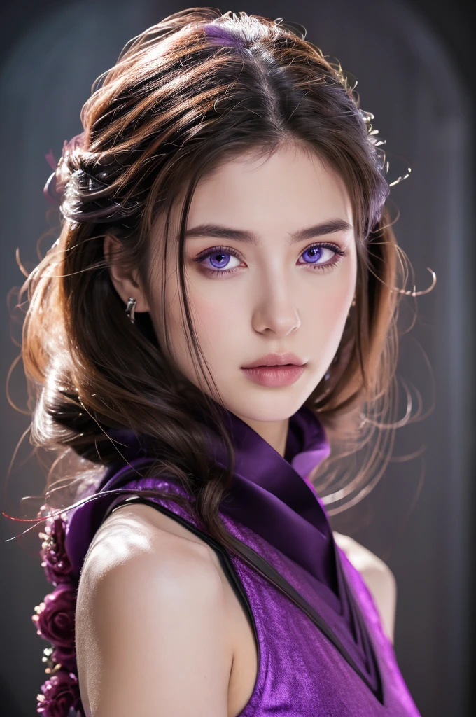( masterpiece, top quality, best quality,8k,17 years old girl,ultra detailed,raw photo:1.5),(photorealistic:1.4),(cinematic lighting), PerfectNwsjMajic, , Surrealism, UHD, ccurate, Super detail, textured skin, High detail, Best quality, dynamic angle, (high nose,White skin),[Beautiful blue eyes],[flat chest:large breasts:0.5],(1girl),(good anatomy:0.5)), a close up of a woman in a purple dress with a sword, a beautiful fantasy empress, ((a beautiful fantasy empress)), beautiful fantasy maiden