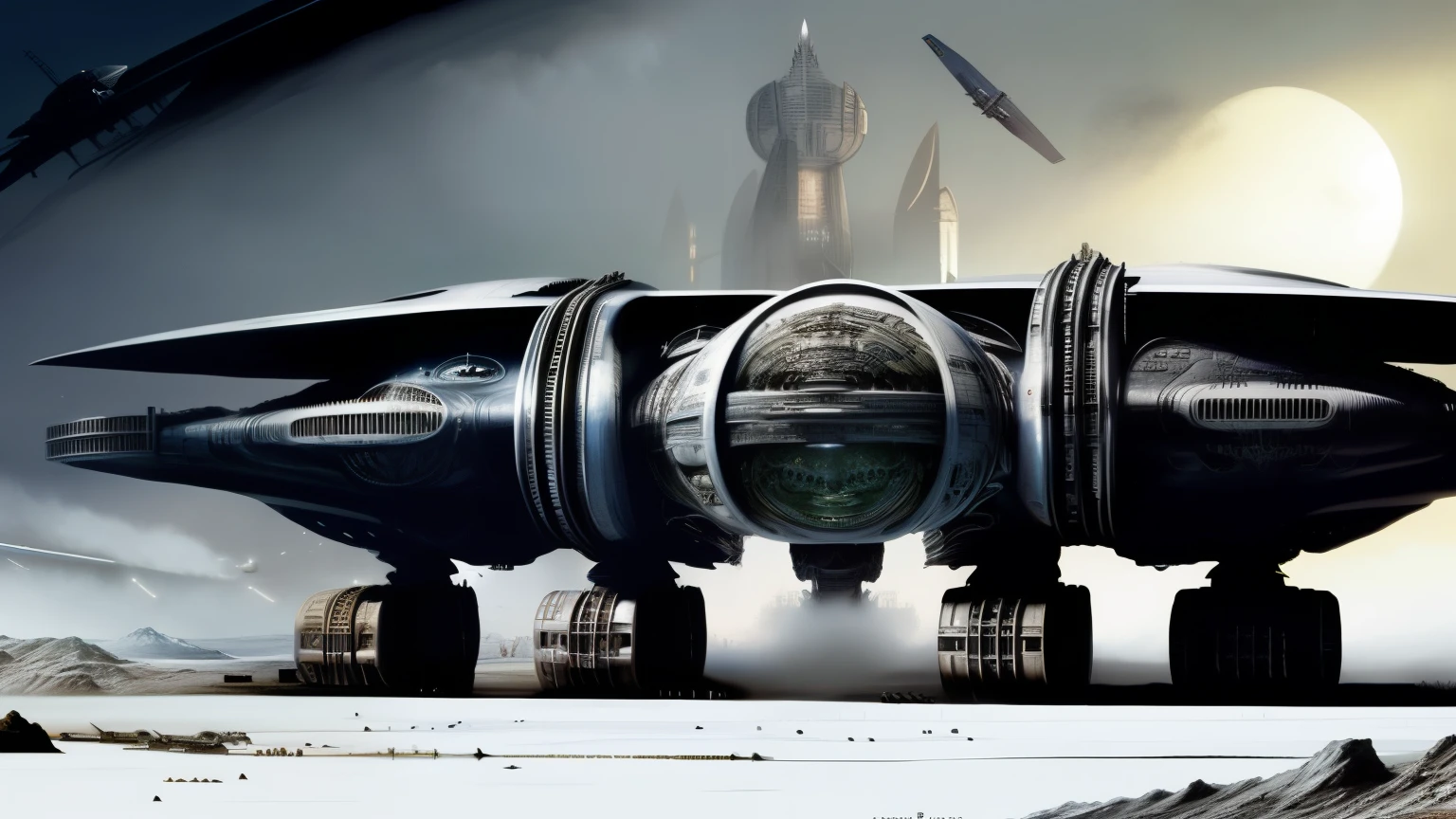 h.R. Arte conceptual de Giger para Alien, varias ilustraciones sobre planeta blanco, congelado, alejado de las estrellas, tormentas de nieve, nave espacial vuela entre el viento y nevada fuerte