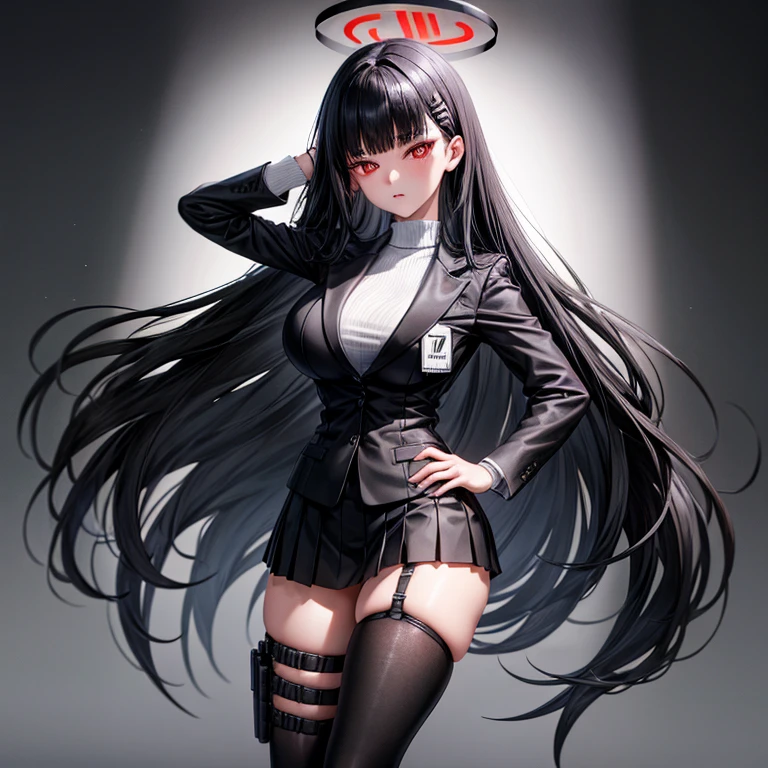 1girl, solo, Black halo, black hair, very long hair, blunt bangs, hair clips, red eyes, large breasts, turtleneck, white sweater, formal, black jacket, black suit, long sleeves, Id card, black skirt, black pantyhose, thigh strap, thigh holster, black footwear, high heels, plain black background 