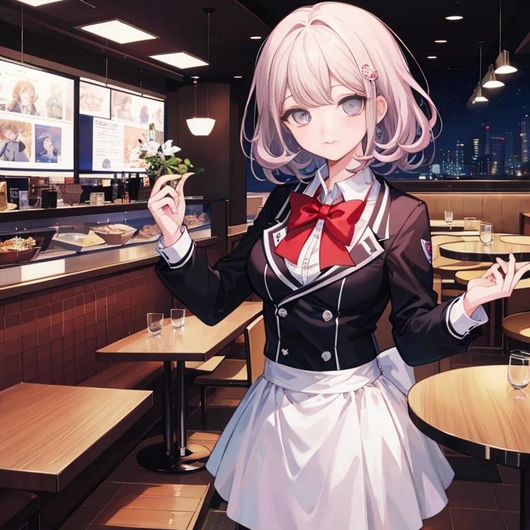 ((tmasterpiece:1.4,Best quality at best))+,(hyper-detailing)+,(Ultra-detailed eyes)+,Chiaki nanami,Danganronpa,in restaurant