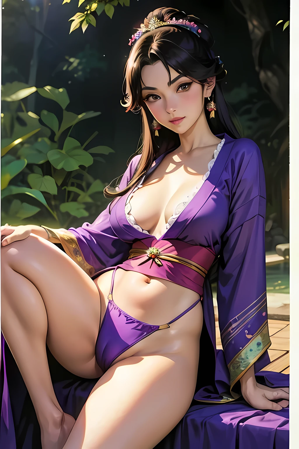 Princess milf yume in the purple kimono, 8k resolution, cameltoe, noriyoshi ohrai, official art, rococo portraitures, light yellow and dark emerald, blink - and - you - miss - it detail
