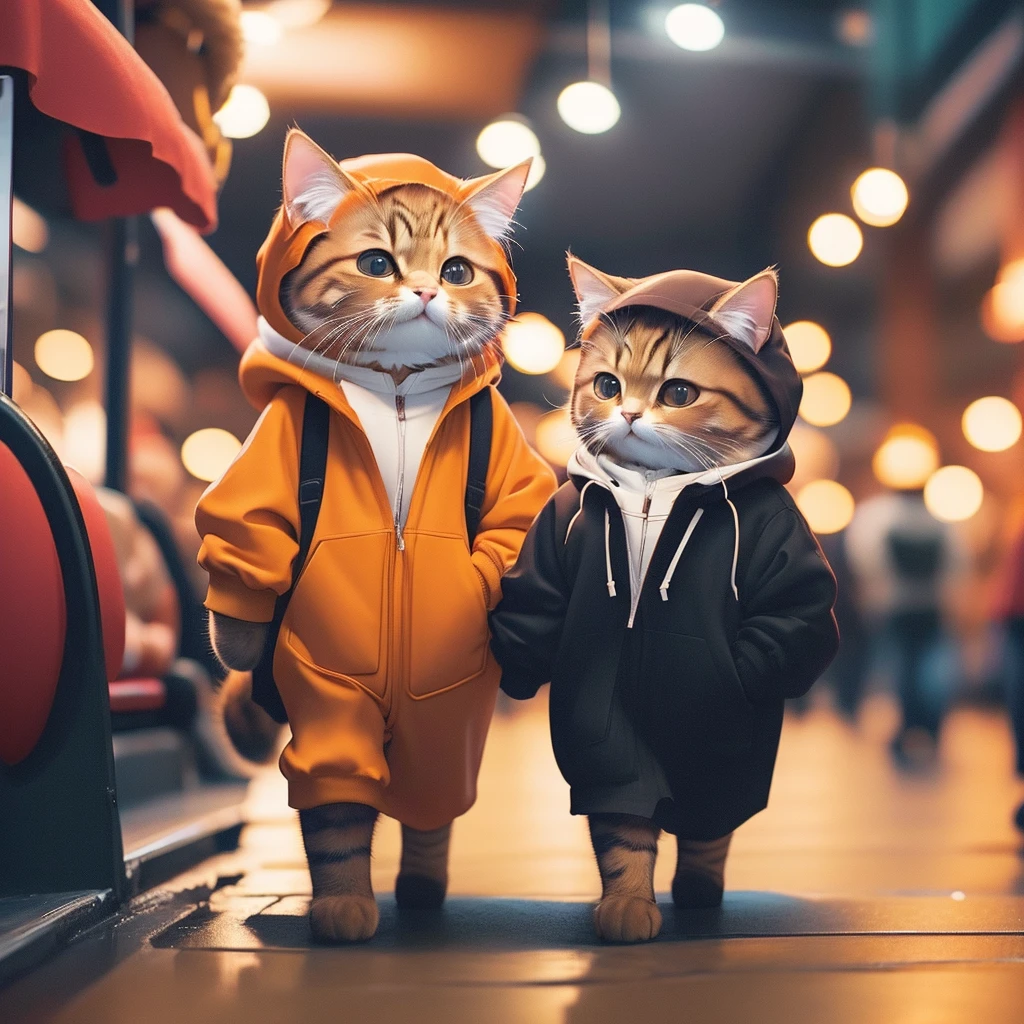 Furry brown cat、Highly detailed cats and fur、wearing a dark brown hoodie、Walk around the amusement park、highly detailed images、Kodak 400、Atmospheric light、50MM lens。