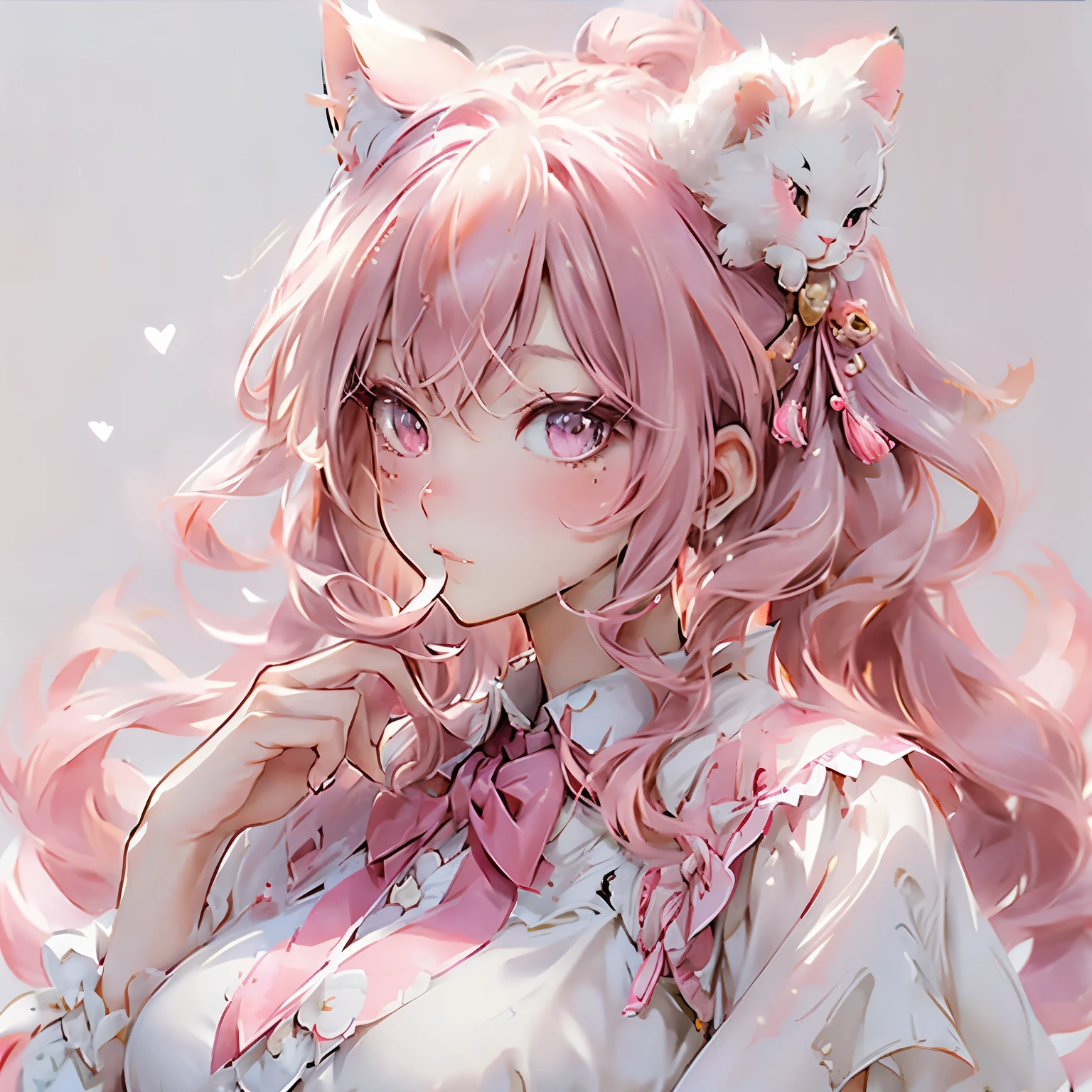 (masterpiece), highest quality, Ultra-high resolution,Cat with pink ribbon、Pink Hair、Green Eyes、White clothes、Apply nail polish、smile、lame、Background sea、Easygoing、kind、beautiful