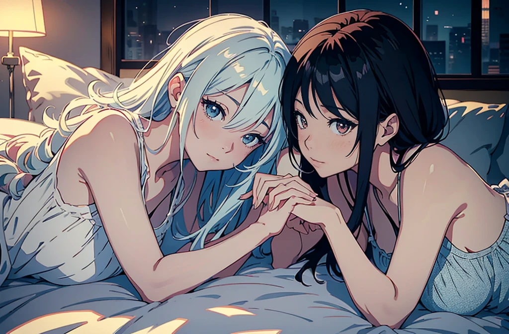 Anime-style image of two women lying in bed, two beautiful anime girl, anime girl, anime style 4k,  4k anime wallpaper, Anime Art Wallpaper 4K, anime art wallpaper 4k, 4k manga wallpaper, anime wallpaper 4k, anime wallpaper 4k, anime art wallpaper 8k