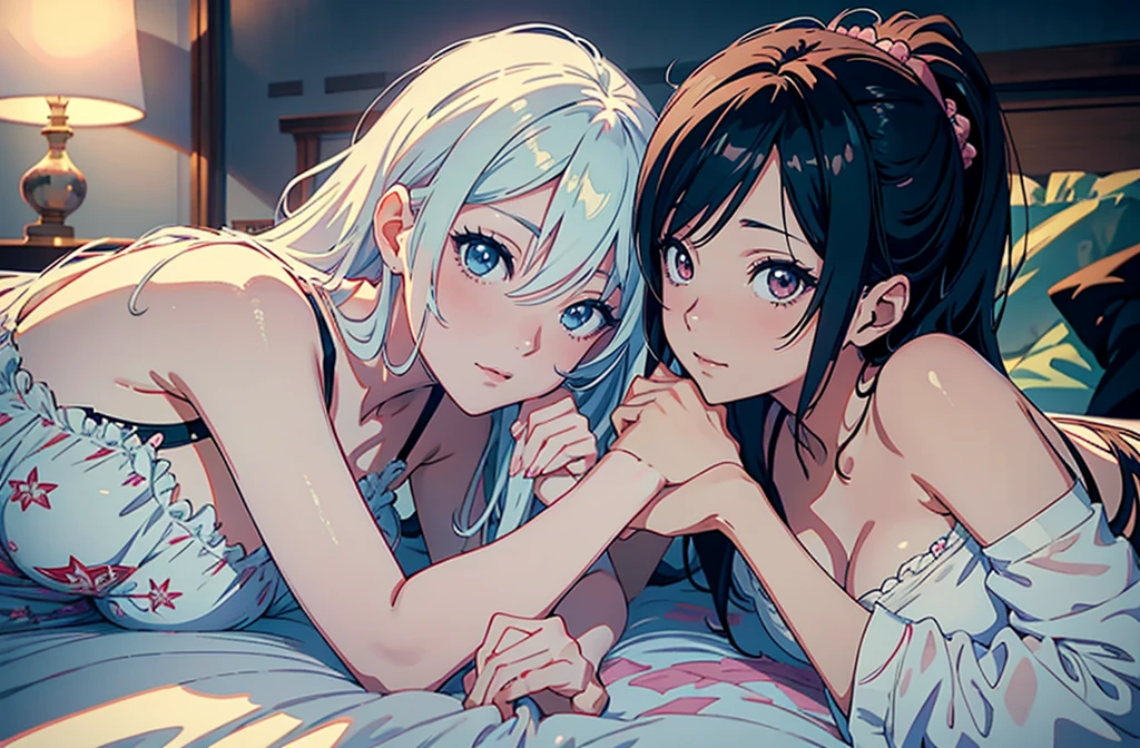Anime-style image of two women lying in bed, two beautiful anime girl, anime girl, anime style 4k,  4k anime wallpaper, Anime Art Wallpaper 4K, anime art wallpaper 4k, 4k manga wallpaper, anime wallpaper 4k, anime wallpaper 4k, anime art wallpaper 8k