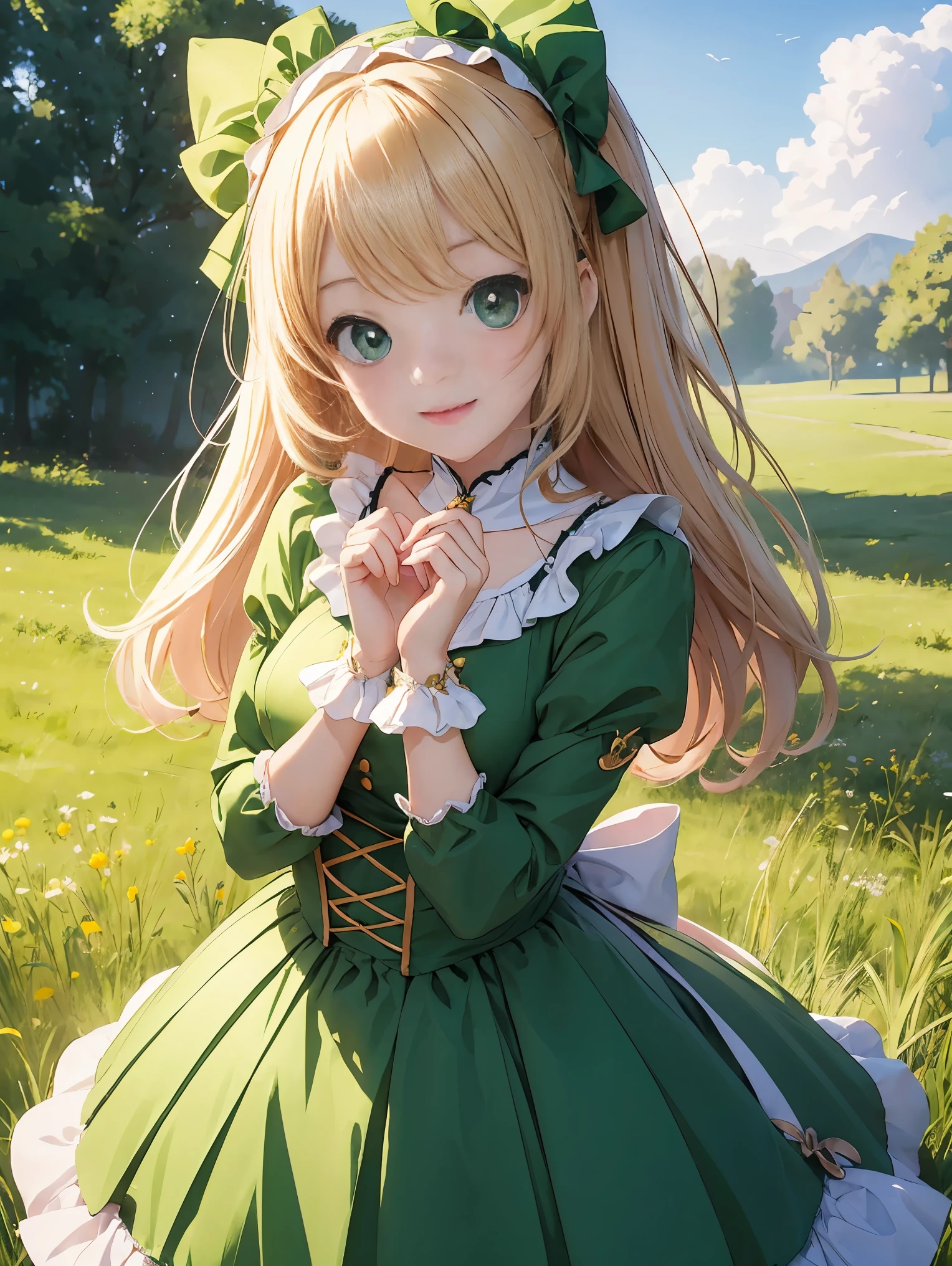 top-quality、8K Masterpiece、Draw the face in detail、1 childish girl、Lolita costume、kawaii pose、professional lighting、Happy expression、Shiny hair、perfect anatomy、In a green meadow