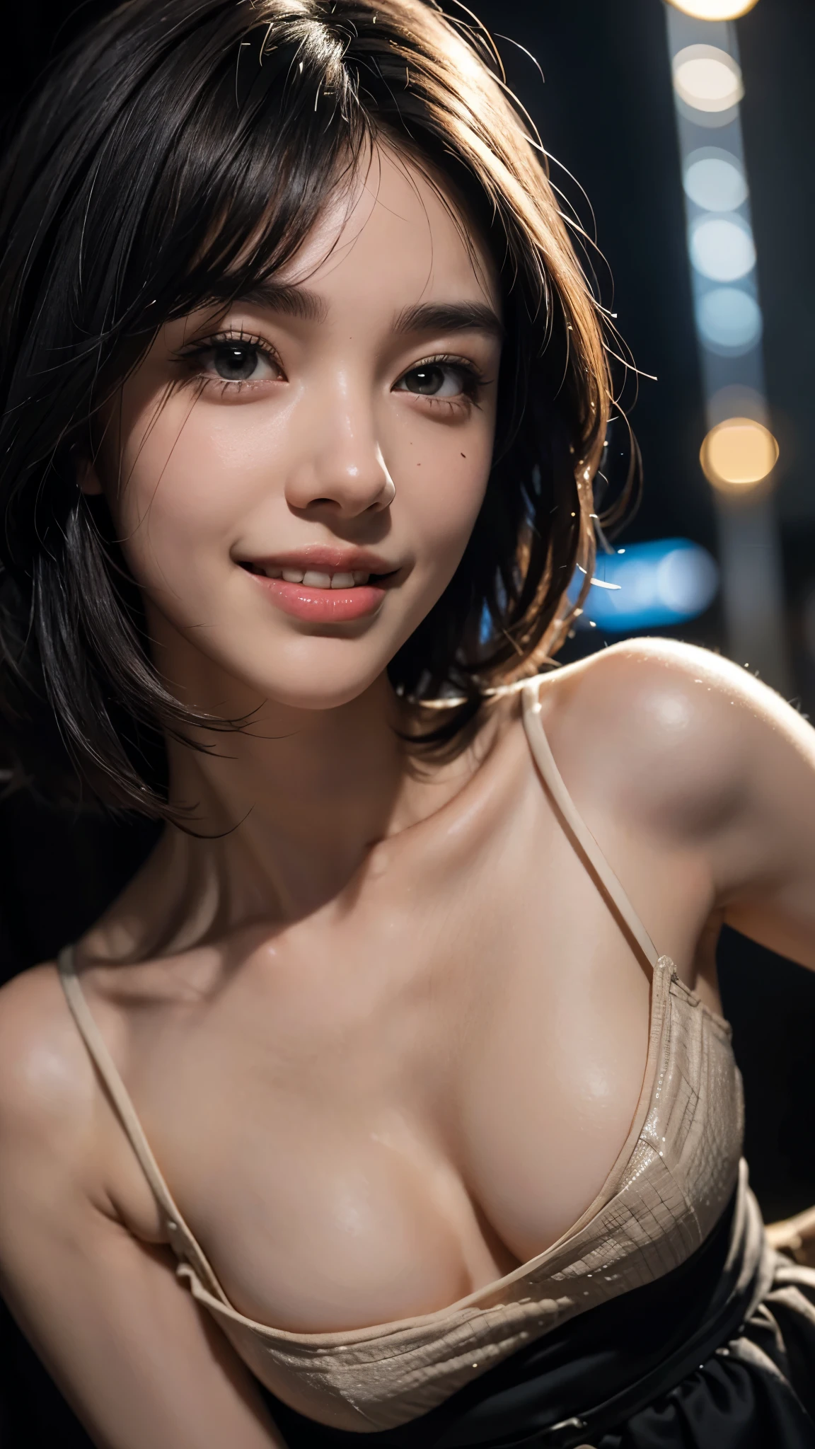 cute 26 year old,1 girl,slim face ,8K,Super realistic image quality,dynamic shadow,sparkling eyes,clear black eyes,movie theater lighting,dark back alley,night,Darkness of the city,One piece skirt, ((face close up:1.5)),((A smile showing white teeth)),((short hair)),((very short bangs)),close, 8K, Raw photo, highest quality, masterpiece,realistic, photo-realistic,