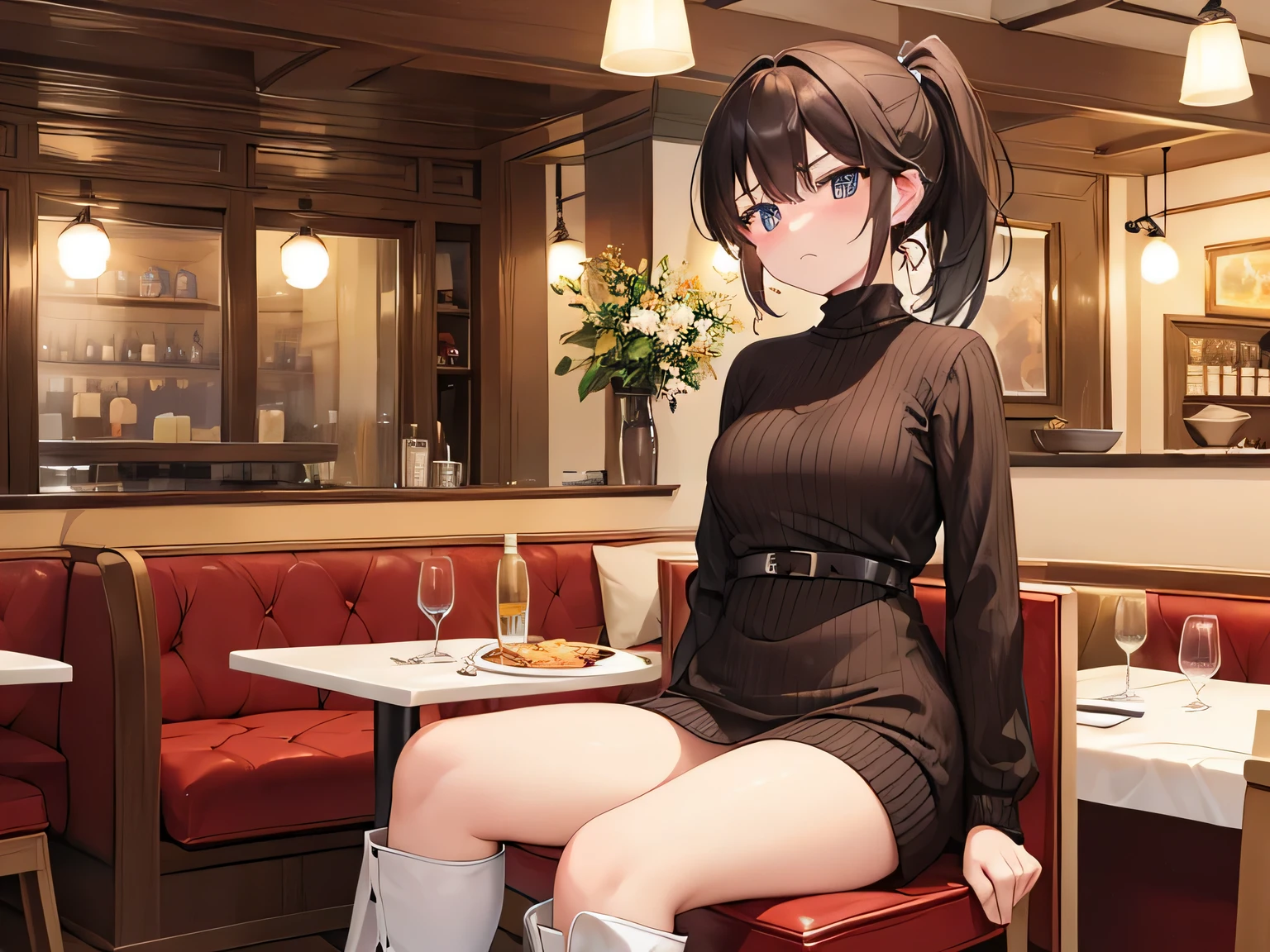 (masterpiece、highest quality、High resolution、realistic pictures、real looking skin:1.1)、
(A woman is sitting at a table in a pasta restaurant:1.8)、
(She is glaring at me and is angry.:1.8)、
(She is wearing a wine red long sleeve turtleneck knit mini dress:1.5)、
(This casual knit dress is made of ribbed material to flatter your body lines.:1.5)、
(She is wearing black knee-length boots:1.5)、
(brown medium ponytail:1.5)、
(The location was a chair at a table in a pasta restaurant.:1.5)、
1 Japanese girl、solo、full body esbian、beautiful eyes、shining eyes、Shining thighs、NSFW