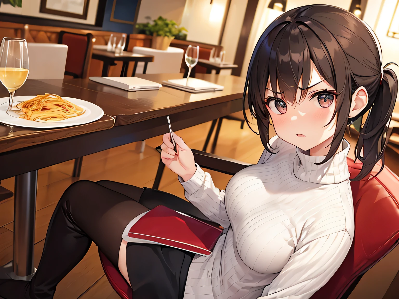 (masterpiece、highest quality、High resolution、realistic pictures、real looking skin:1.1)、
(A woman is sitting at a table in a pasta restaurant:1.8)、
(She is glaring at me and is angry.:1.8)、
(She is wearing a wine red long sleeve turtleneck knit mini dress:1.5)、
(This casual knit dress is made of ribbed material to flatter your body lines.:1.5)、
(She is wearing black knee-length boots:1.5)、
(brown medium ponytail:1.5)、
(The location was a chair at a table in a pasta restaurant.:1.5)、
1 Japanese girl、solo、full body esbian、beautiful eyes、shining eyes、Shining thighs、NSFW