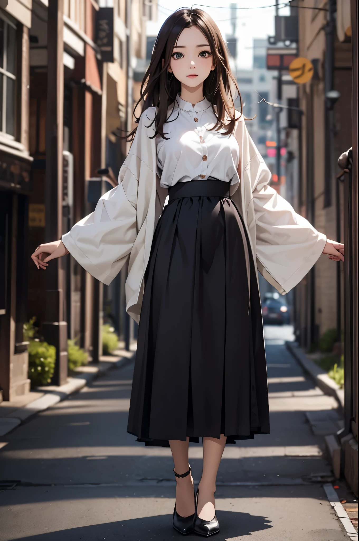 ((Biologically correct number of limbs))、(( Full body photo including face))、4K、((standing position))、masterpiece、((focus on the face))、((Symmetrical facial features))、Eyes with detailed description、Beautiful woman、outstanding style、beautiful arms、beautiful legs、beautiful hands、Detailed depiction of faces、(National costume)、The background is the park in the morning、look away、shy look、
