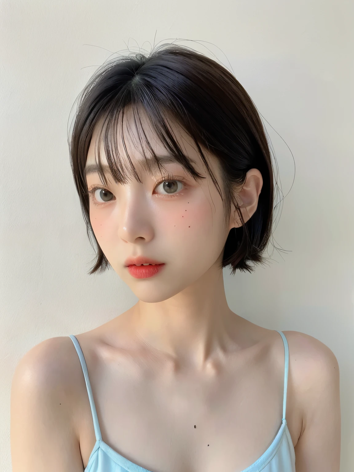 see-through tops、、camisole、(背景にwhite wall、Some of her hair is sky blue:1.4)、white wall、Taken in front of the white door、(窓のあるwhite wallの部屋)、((highest quality、8K、masterpiece:1.3))、ultra high resolution、(photogenuineistic:1.4)、RAW photo、Japanese,(face)、genuine、Photographed in natural light、Highly detailed face and skin texture、highly detailed lips、correct state of the human body、short cut hair、black hair、various poses、natural color lip、from the front、close up of face