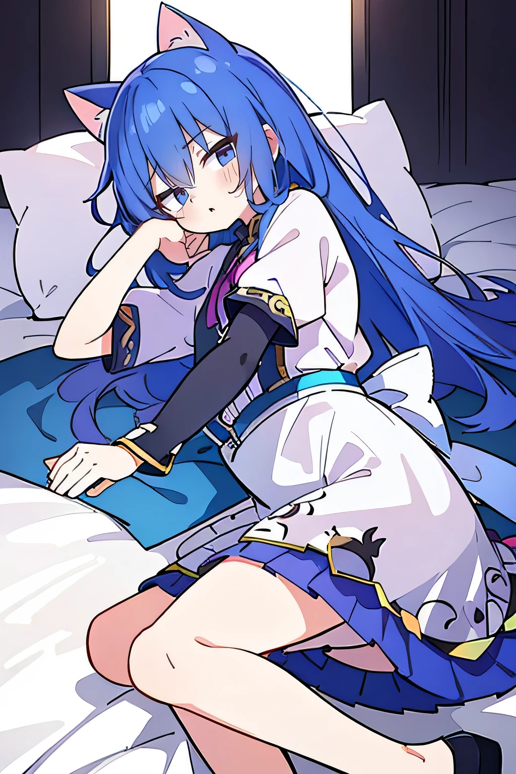 (Masterpiece), best quality, expressive eyes, perfect face, 1girl,
Put one hand on the head, fair skin, gorgeous, Japanese comics, girl, Lola, young angel, blue hair, blue hair, flowing clothes,, lay down, lying on the ground, legs on the ground, flat chest, cat ears,