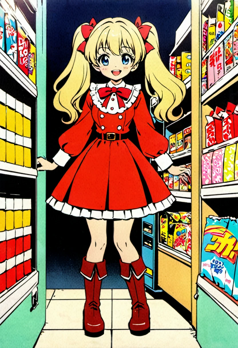 Candy Candy\' by Toei Animation, detailed art style, vintage aesthetic, emotional melodrama, inspired by Keiko Nagita and Yumiko Igarashi's original manga, in a midnight convenience store, Candy Candy\' by Toei Animation, detailed art style, vintage aesthetic, emotional melodrama, inspired by Keiko Nagita and Yumiko Igarashi's original manga, dress, blonde_hair, twintails, boots, flower, bow, open_mouth, red_dress, hair_bow, frills, retro_artstyle, ribbon, smile, blue_eyes, long_hair, long_sleeves, full_body