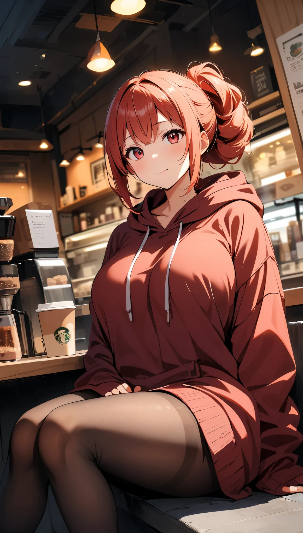 1 girl, redhead, up hairstyle, facial hair streaks, red eyes, mascara, oversized hoodie, abdomen, hot pants, tights, laced tights, bags under eyes, sitting, coffee shop, ground angle shot, Viewer looking up, feet in tights, saggy breasts, impact, RAW photo, 8K, masterpiece,