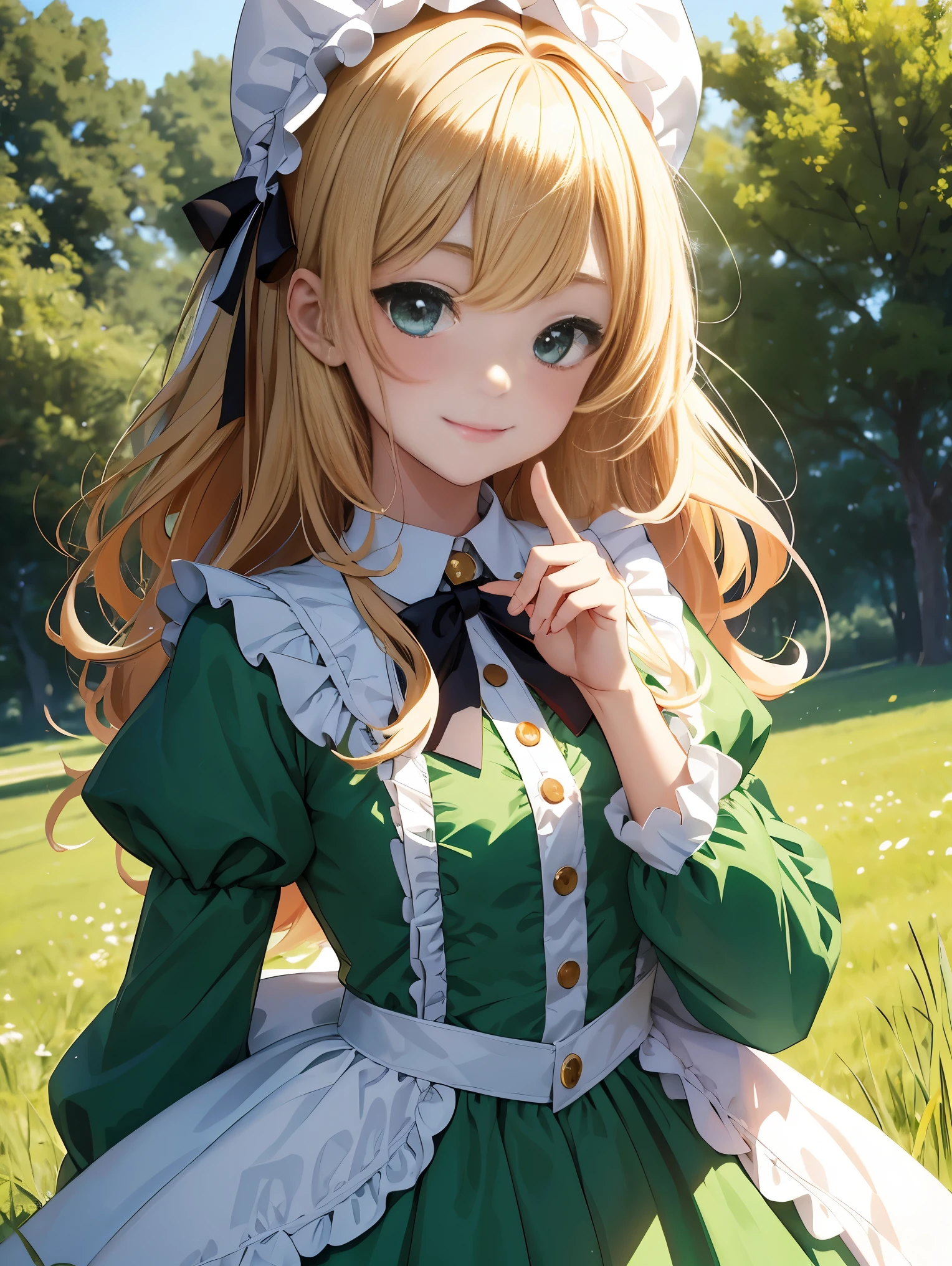 top-quality、8K Masterpiece、Draw the face in detail、1 childish girl、Lolita costume、kawaii pose、professional lighting、Happy expression、Shiny hair、perfect anatomy、In a green meadow