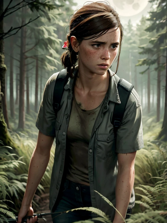 Masterpiece, (Ellie, tlou2), half body shot, sneaking through high grass, slim body, very small breasts, white skin with freckles, forest, clean clothes, (at night, moonlight:1.1), ultra-detailed, (high detailed skin:1.2), soft lighting, high quality, 16K, ultra high res.photorealistic, UHD, RAW, DSLR, natural Lighting, Sharp Focus