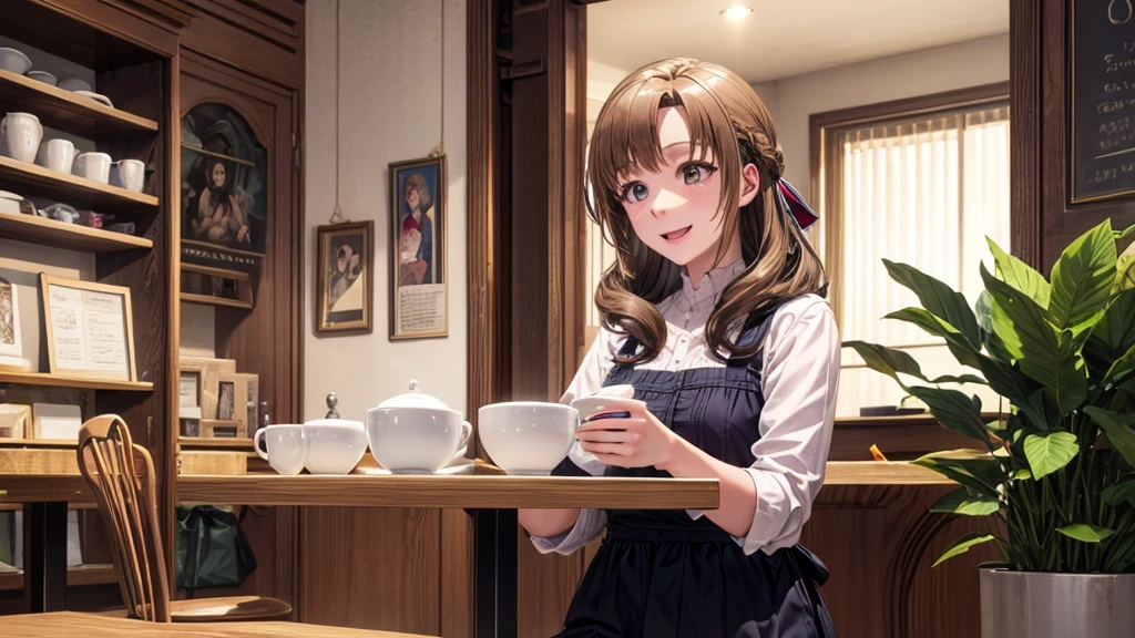 (original photo, best quality), 1 woman, Mamako Oosuki, natural lighting, Upper body, cafes, Smile, Satosh Khan Art Style