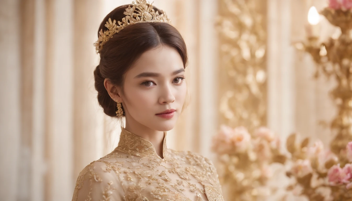 A woman in a gold dress stands in front of a wall with flowers, Pastel paintings inspired by Dai Xi, CG Social Trends, Rococo, Complex gold elements, Golden intricate details, Shahi, Intricate fantasy dress, Complex and elegant, soft and complex, Intricate Gold Gemstones, golden strokes with delicate details, fantasy long Intricate Gown, Intricate Gown