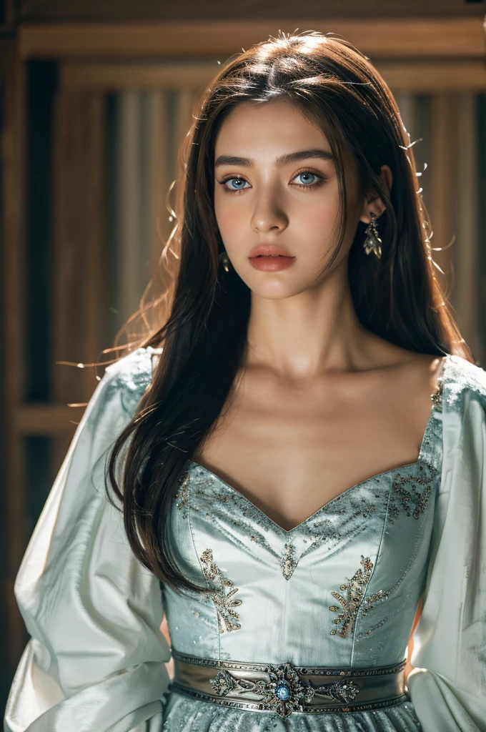 ( masterpiece, top quality, best quality,8k, girl,ultra detailed,raw photo:1.5),(photorealistic:1.4),(cinematic lighting), PerfectNwsjMajic, , Surrealism, UHD, ccurate, Super detail, textured skin, High detail, Best quality, dynamic angle, (high nose,White skin),[Beautiful blue eyes],[flat chest:large breasts:0.5],(1girl),(good anatomy:0.5)), a close up of a woman in a dress with a sword, a beautiful fantasy empress, ((a beautiful fantasy empress)), beautiful fantasy maiden