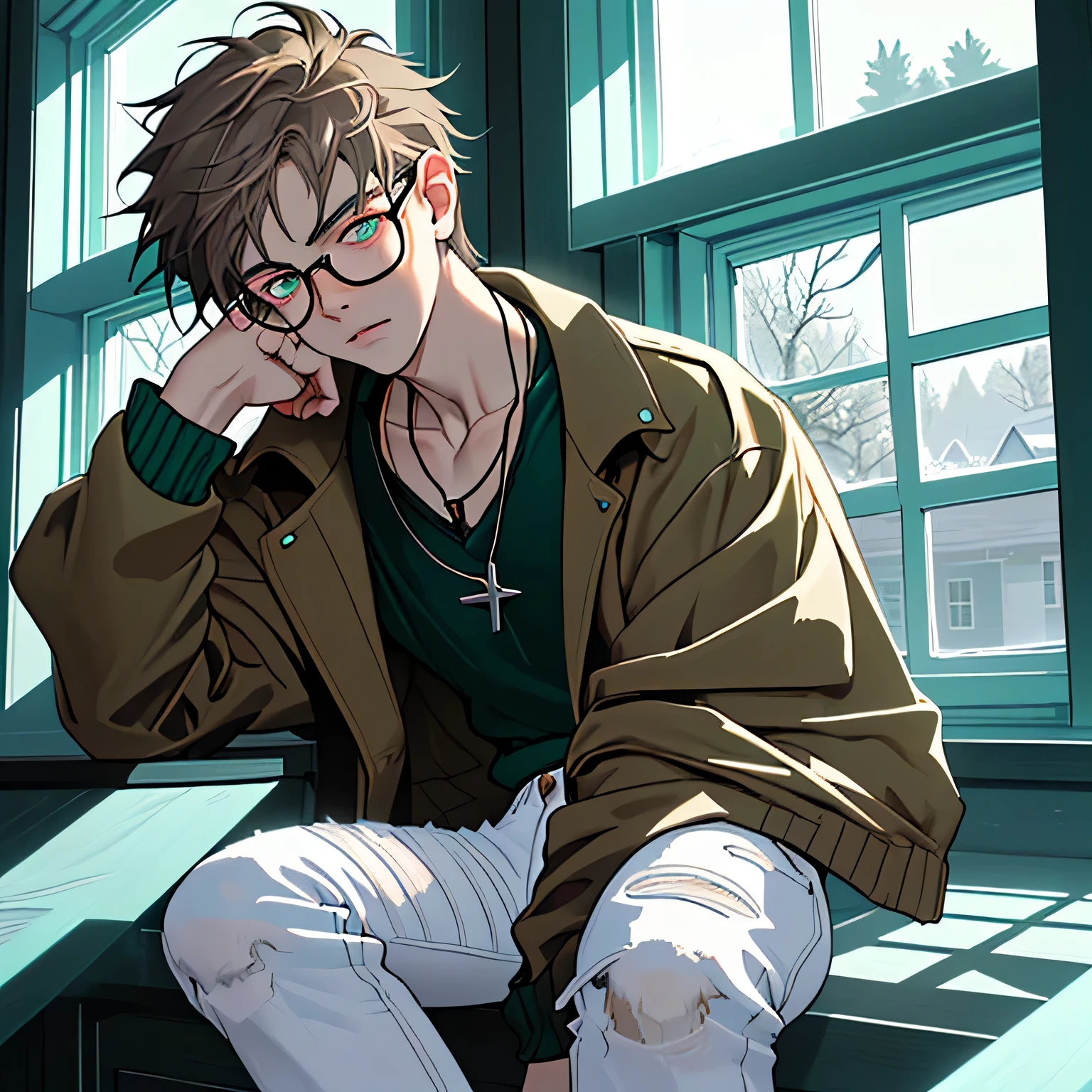 A pretty 16-year-old boy with white skin, teal eyes, messy light brown hair and wearing round, wide, thin black glasses. He wears a green jacket over a white sweater with black pinstripes, blue jeans, and has a silver necklace around his neck. He's sitting on the edge of a frozen window, inside a pretty house.