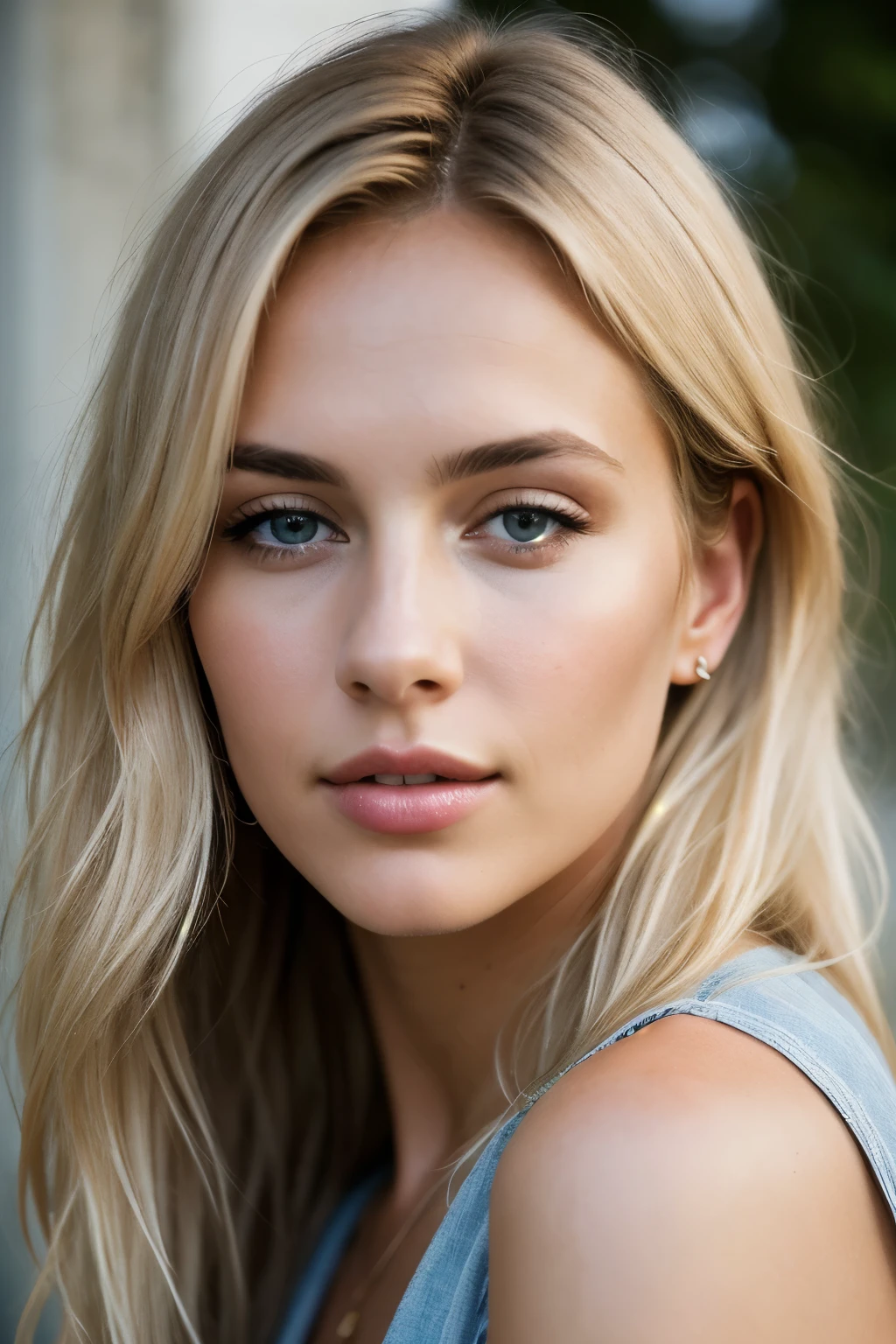 Photorealistic'incredibly beautiful woman with a dirty appearance, windy blonde hair, in the style of Panasonic Lumix S Pro 50mm f/1.4, light beige and dark azure, collages d'celebrity images, gentle realism, Barbicor, Unreal engine 5, 32 thousand. contract, quality world, Swiss realism, Niji 5