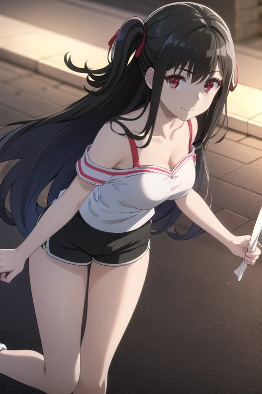 nagisanatsunagi, Summer calm, long hair, black hair, (red eyes:1.3), very long hair, one side up, smile,
break shirt, cleavage, bare shoulders, clavicle, white shirt, shoes, shorts, off shoulder, short shorts, black shorts, 白いshoes, off shoulderシャツ,
break outdoors,
break looking at viewer, dynamic pose, cowboy shot,
break (masterpiece:1.2), highest quality, High resolution, unity 8k wallpaper, (figure:0.8), (detailed and beautiful eyes:1.6), highly detailed face, perfect lighting, Very detailed CG, (perfect hands, perfect anatomy),