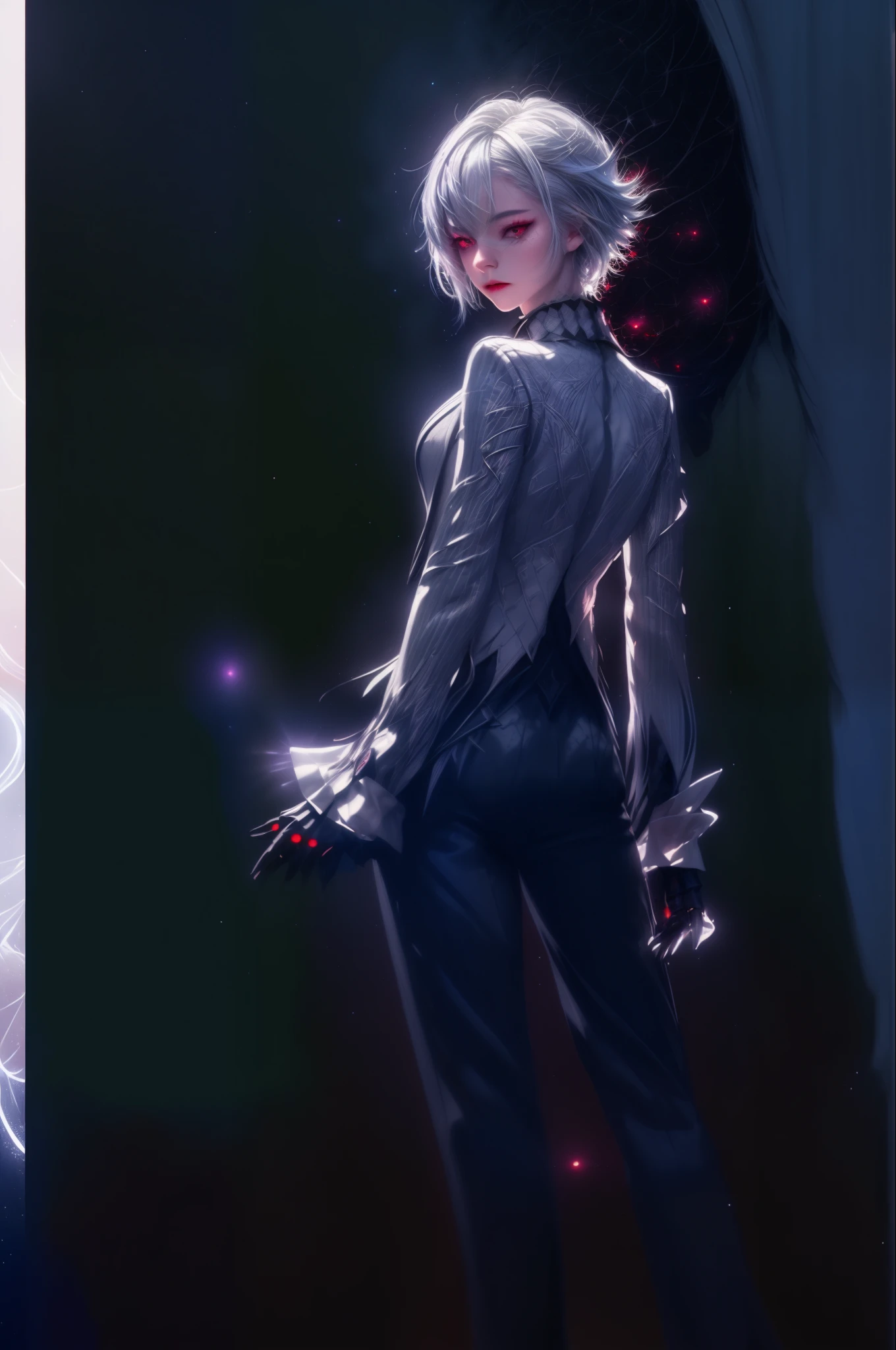 (Masterpiece:1.2), best quality, (night sky, short white hair:1.2),(illustration:1.2), beautiful scenery, scared,(Masterfully crafted Glow, lens flare), (ultra-detailed), hyper details, (delicate detailed), (intricate details), (cinematic light, best quality), clear line, new world, viewer, solo female, solo female, perfect body, (1 woman), (Dynamic:1.3), ((makeup)), high contrast, (best illumination, an extremely delicate and beautiful), ((cinematic moonlight)), colourful, ((Photoshop Pastel Painting:1.1)), ethereal, (Cinematic masterpiece),suspense, splashes of colour, absolutely eye-catching, ((caustic)), dynamic angle ,beautiful (detailed glow), (eerie),(Intricate Detailed Cinematic Scenery Behind:1.2),ambient occlusion, ray-traced reflections, intricately detailed visible background , Terrifying, (bioluminescent vegetation:1.2), light grey hair with black streaks, black and red eyes, white and grey blazer long sleeves, black pants, high collar, formal suit, white hair with black streaks, black gloves