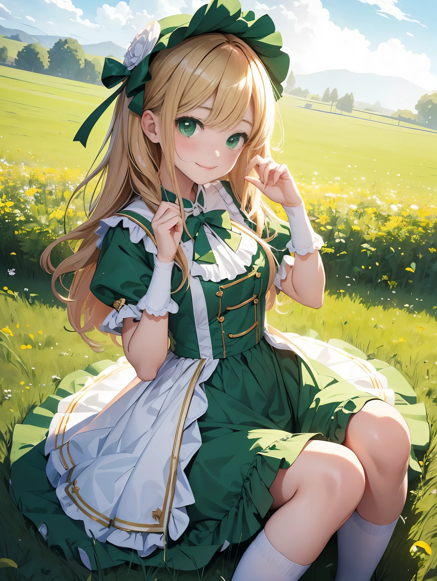 top-quality、8K Masterpiece、Draw the face in detail、1 ish girl、Lolita costume、kawaii pose、professional lighting、Happy expression、Shiny hair、perfect anatomy、In a green meadow