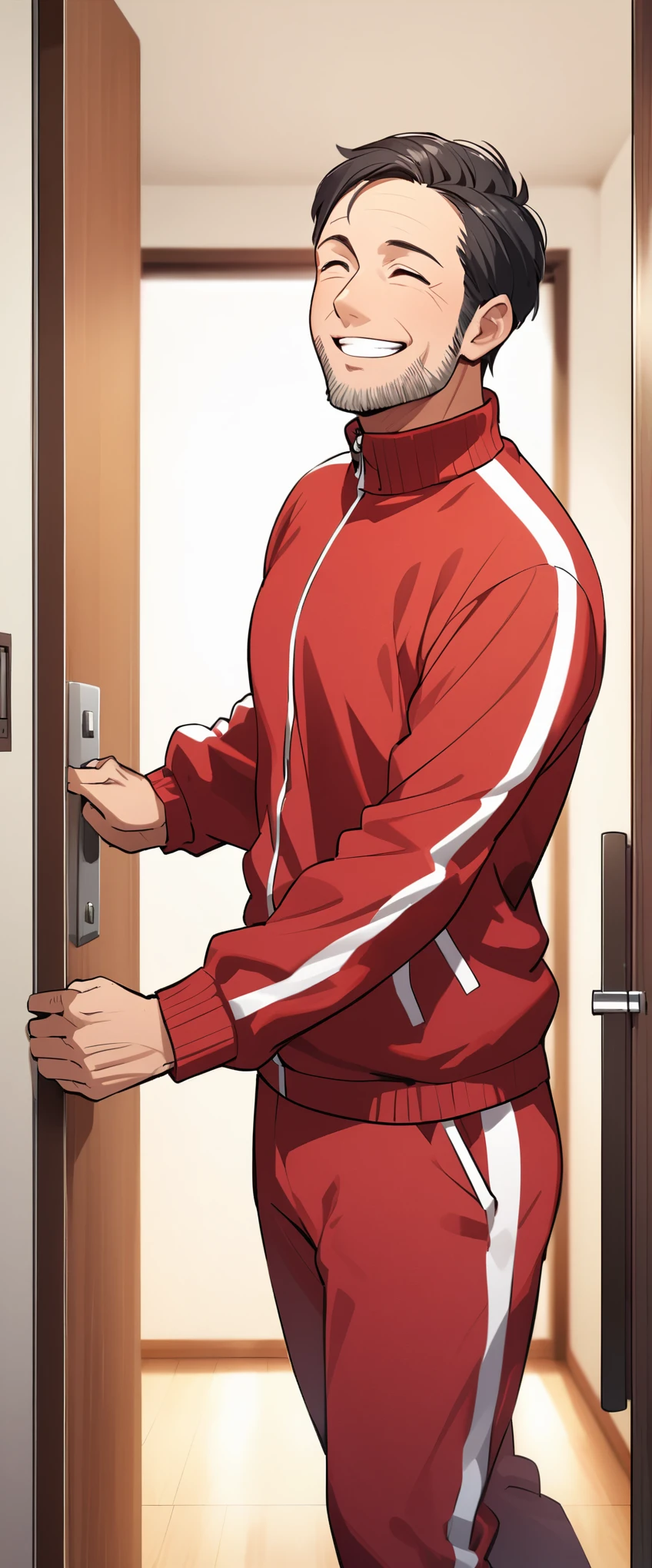 a  40 year old man wearing a tracksuit stands at the door of a room smiling